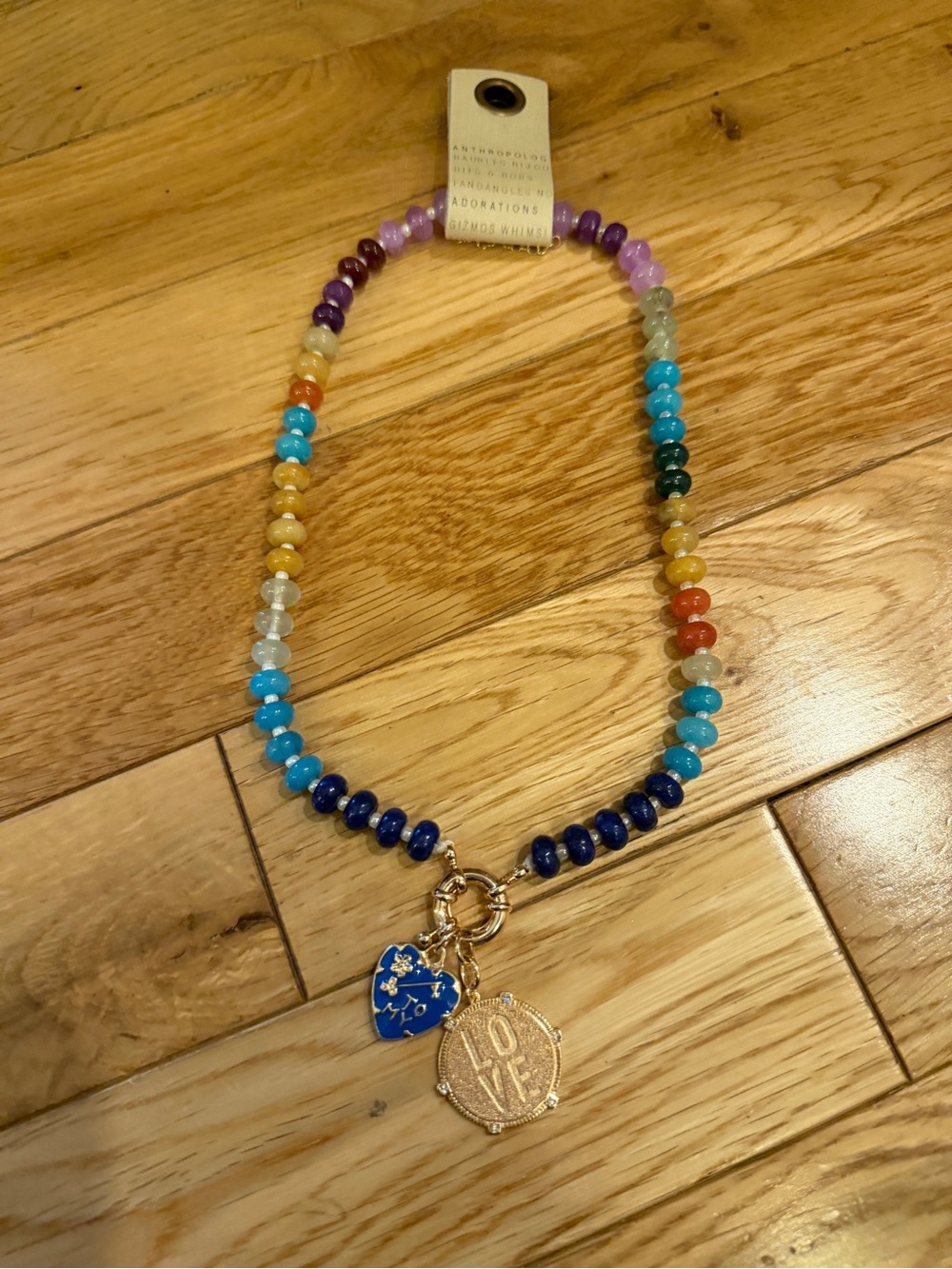 Anthropologie Multicolor Beaded Necklace with “To My Love” Charms NWT
